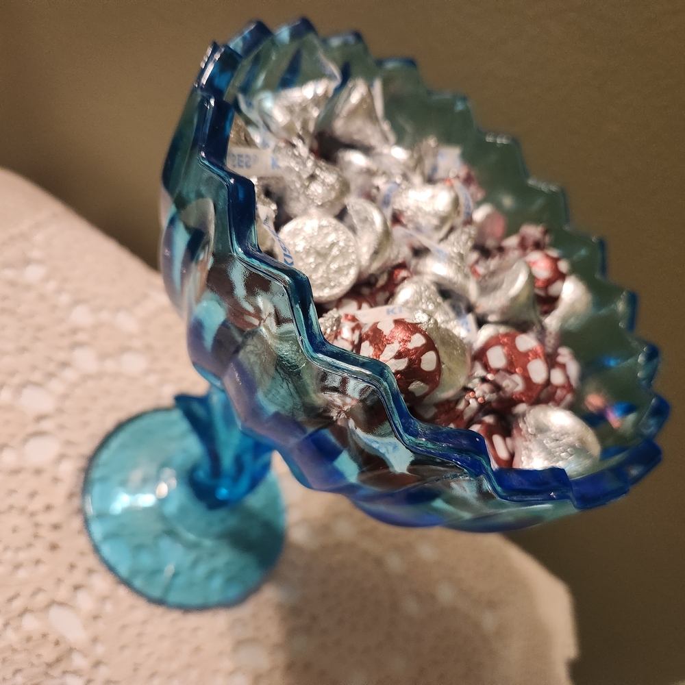 Indiana Glass Aqua Blue Footed Lotus Compote / Candy Dish - Picture 16 of 16